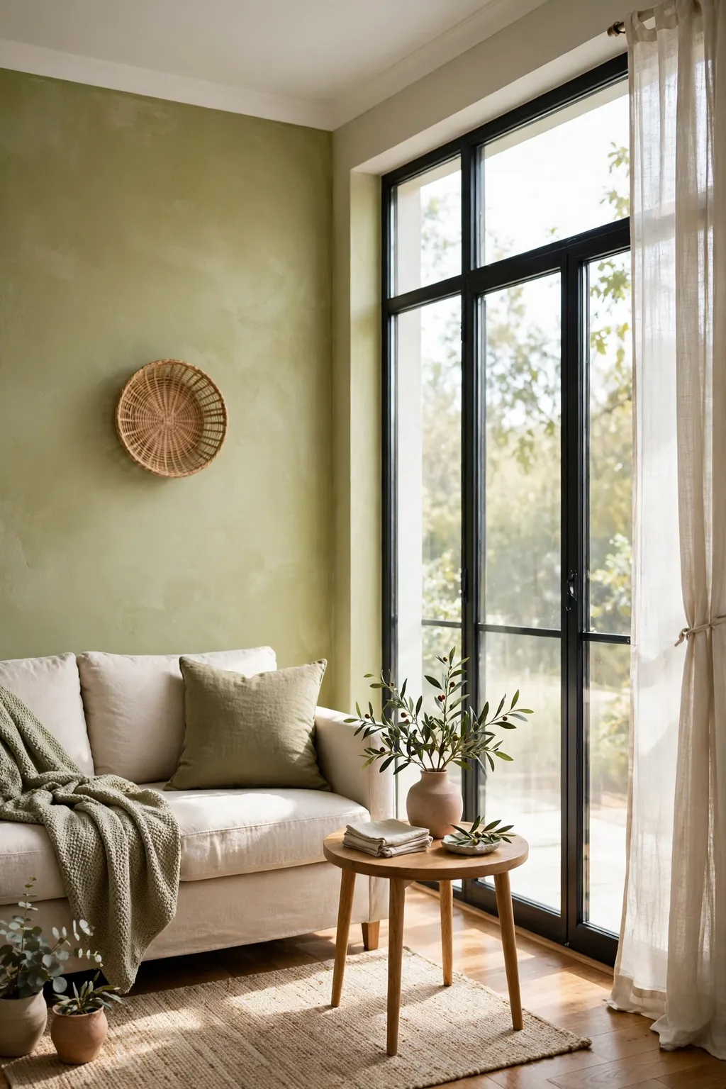 Small living room painted pale olive wash with a compact sofa and large window