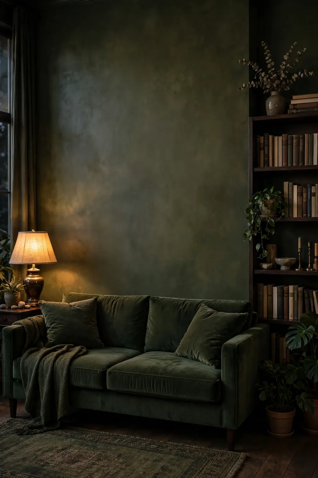 Moody living room painted dark moss olive green with a velvet sofa and warm lamplight