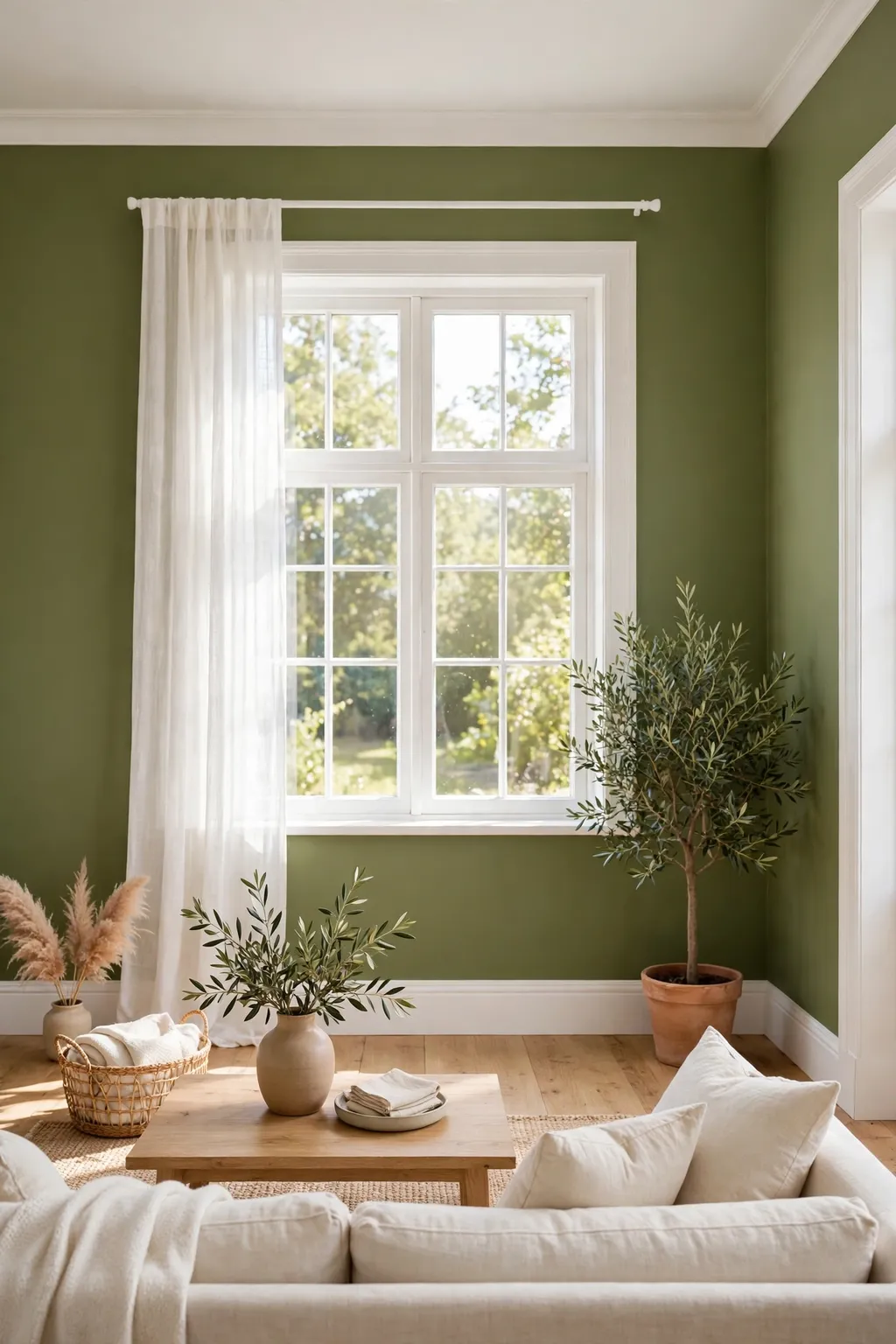 Living room with olive green walls and warm white trim, skirting, and window frames