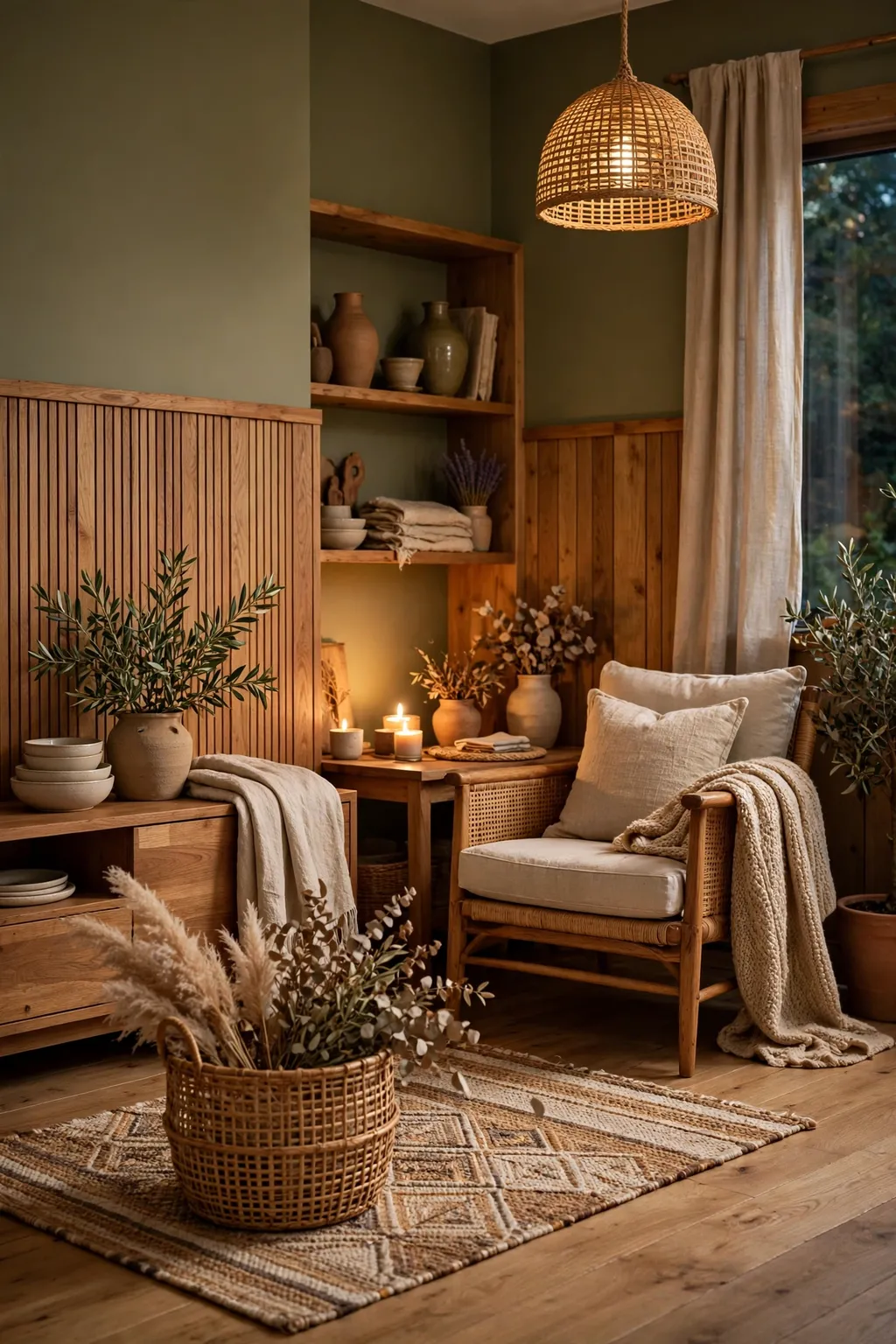 Earthy living room with olive green walls, natural wood furniture, and a rattan basket