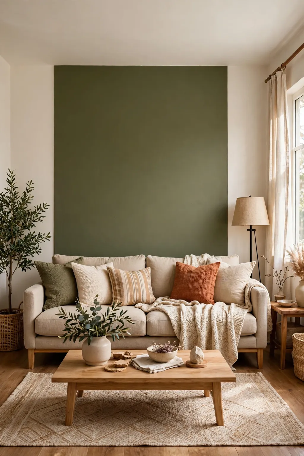 Living room with an olive green accent wall behind the sofa and warm white walls