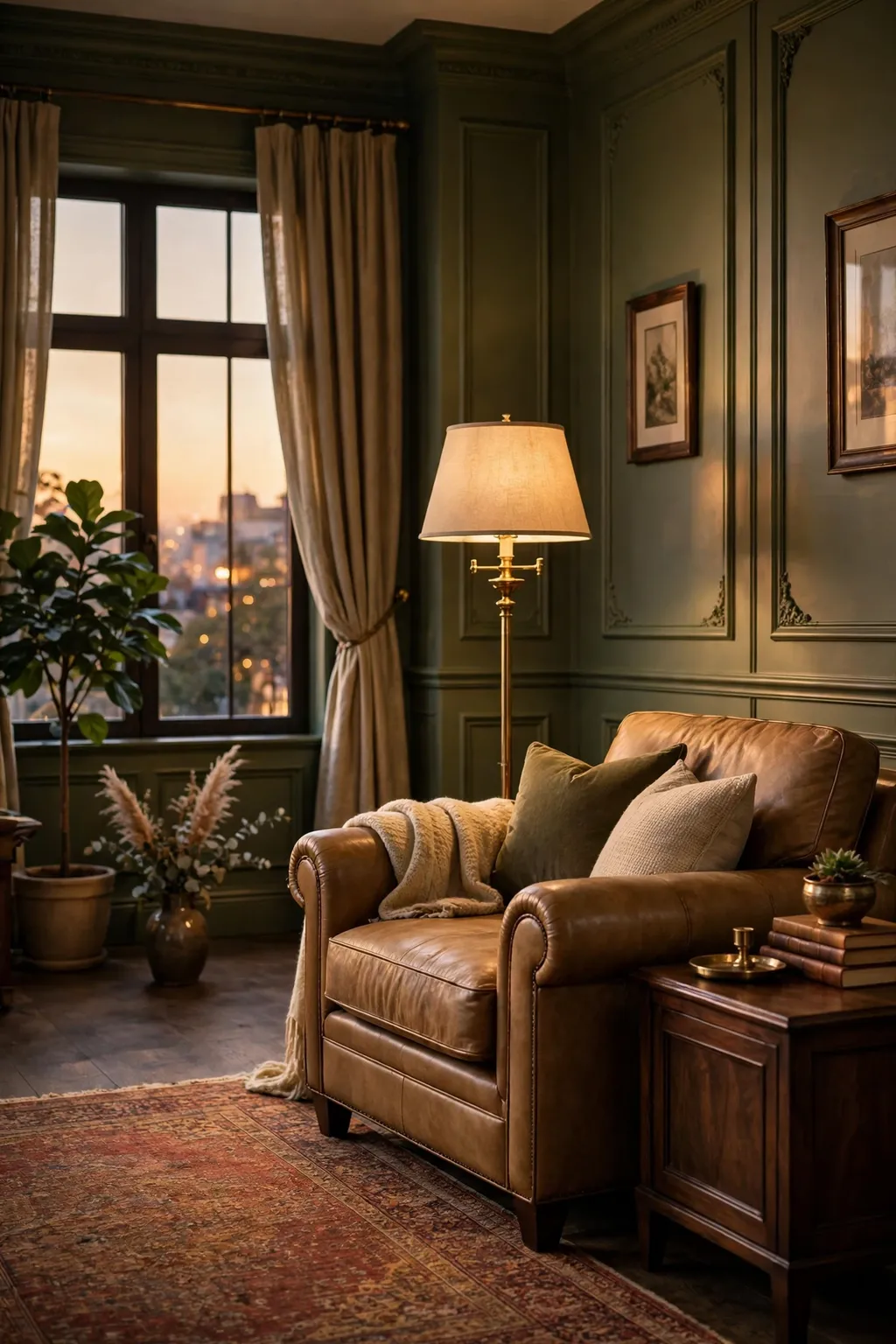 Rich living room with olive green walls, a tan leather armchair, and a brass lamp