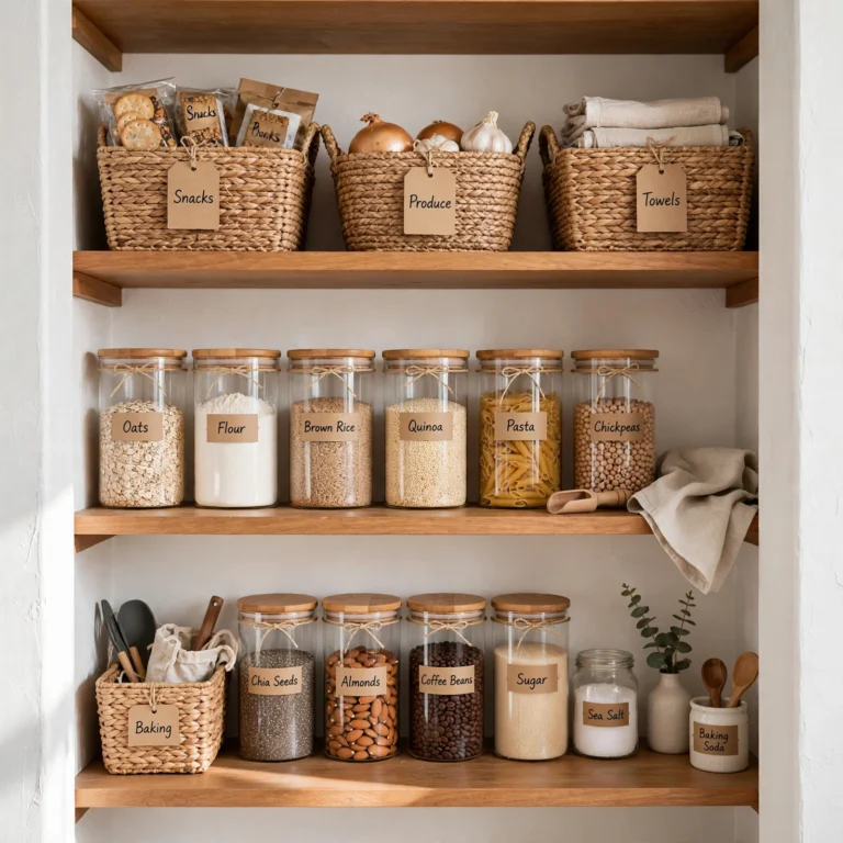 Beautifully organized pantry with baskets and jars