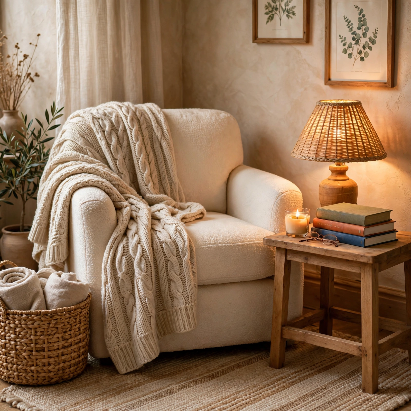 Cozy reading nook with armchair and books