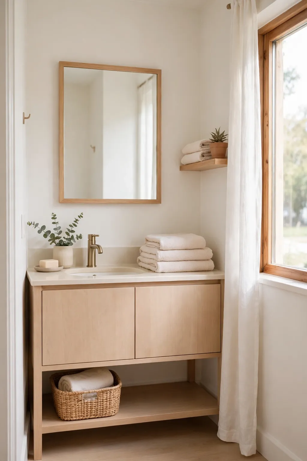 Small bathroom painted soft warm white with a mirror, pale towels and light wood accents