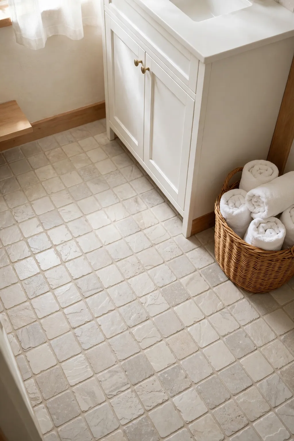 Small bathroom floor with light peel-and-stick stone tiles, white vanity and rolled towels