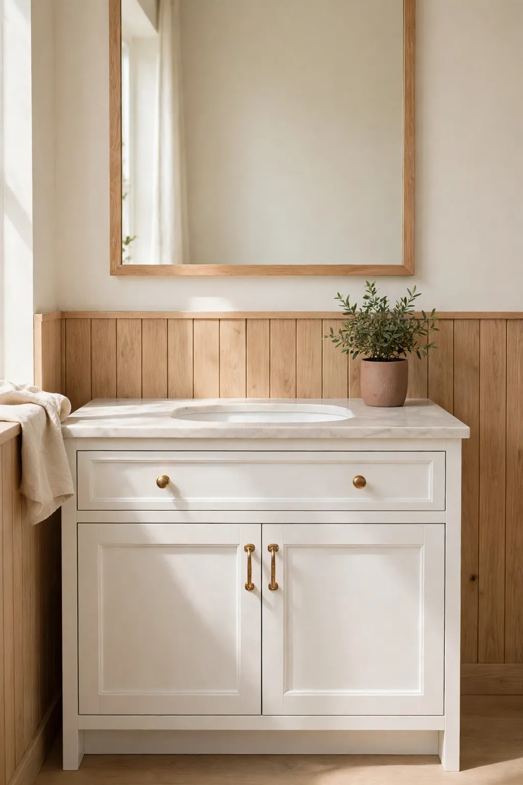Bathroom vanity with warm brass handles and knobs, white cabinet and small plant