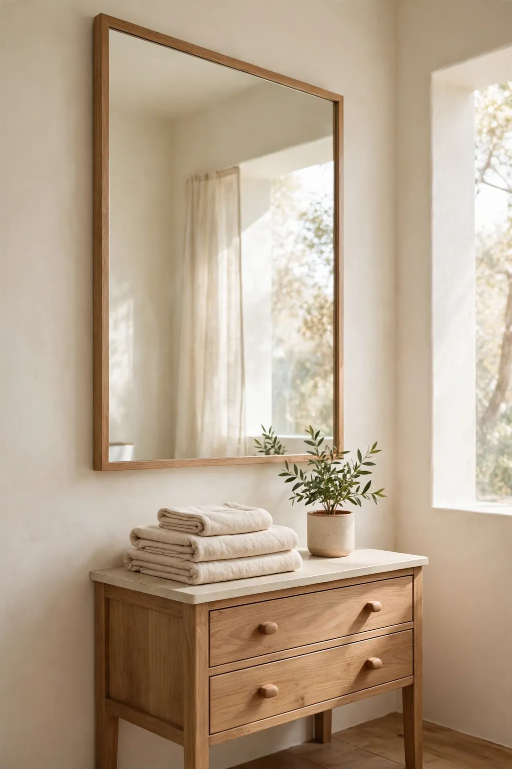Large mirror above a small bathroom vanity reflecting light, towels and a plant