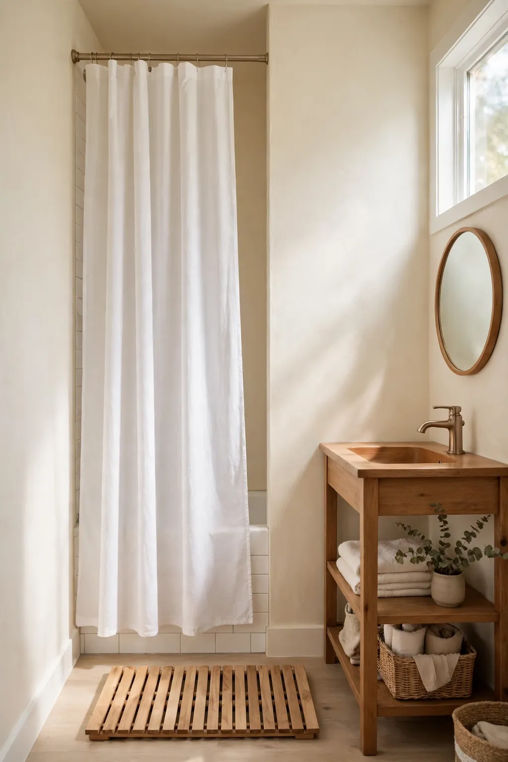 Small bathroom with a fresh white shower curtain, light walls and a wooden bath mat