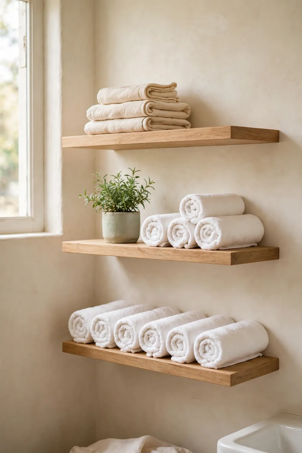 Floating wooden shelves in a small bathroom holding rolled towels, a plant and folded washcloths