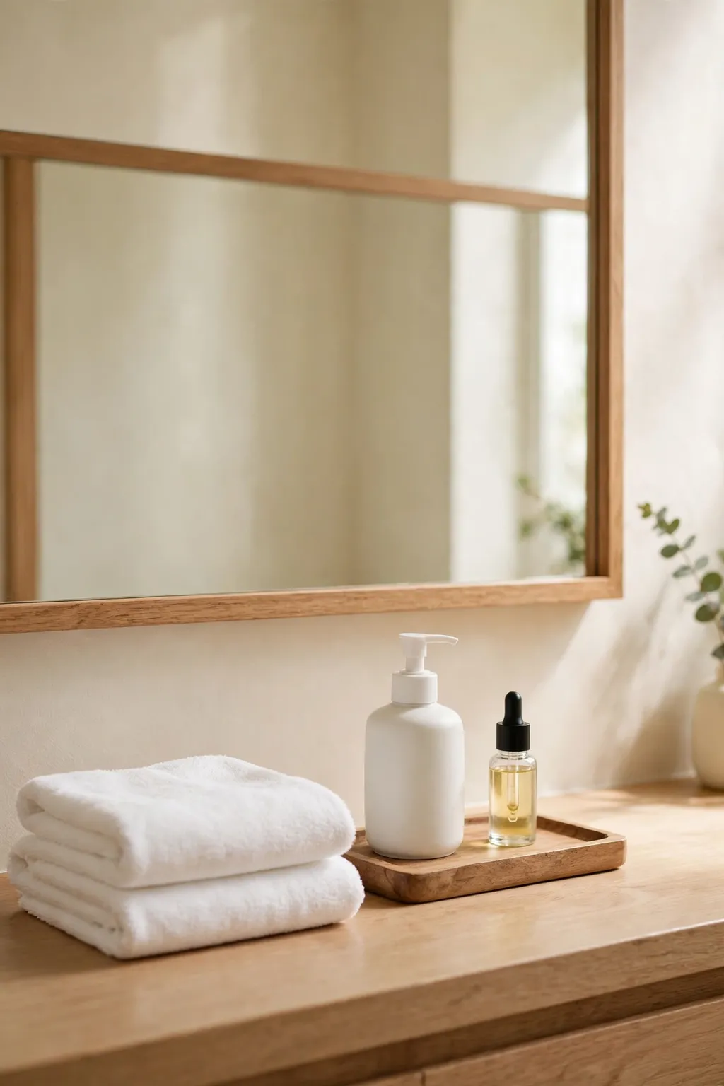 Matching white towels and a small wooden tray with soap and a bottle on a bathroom counter