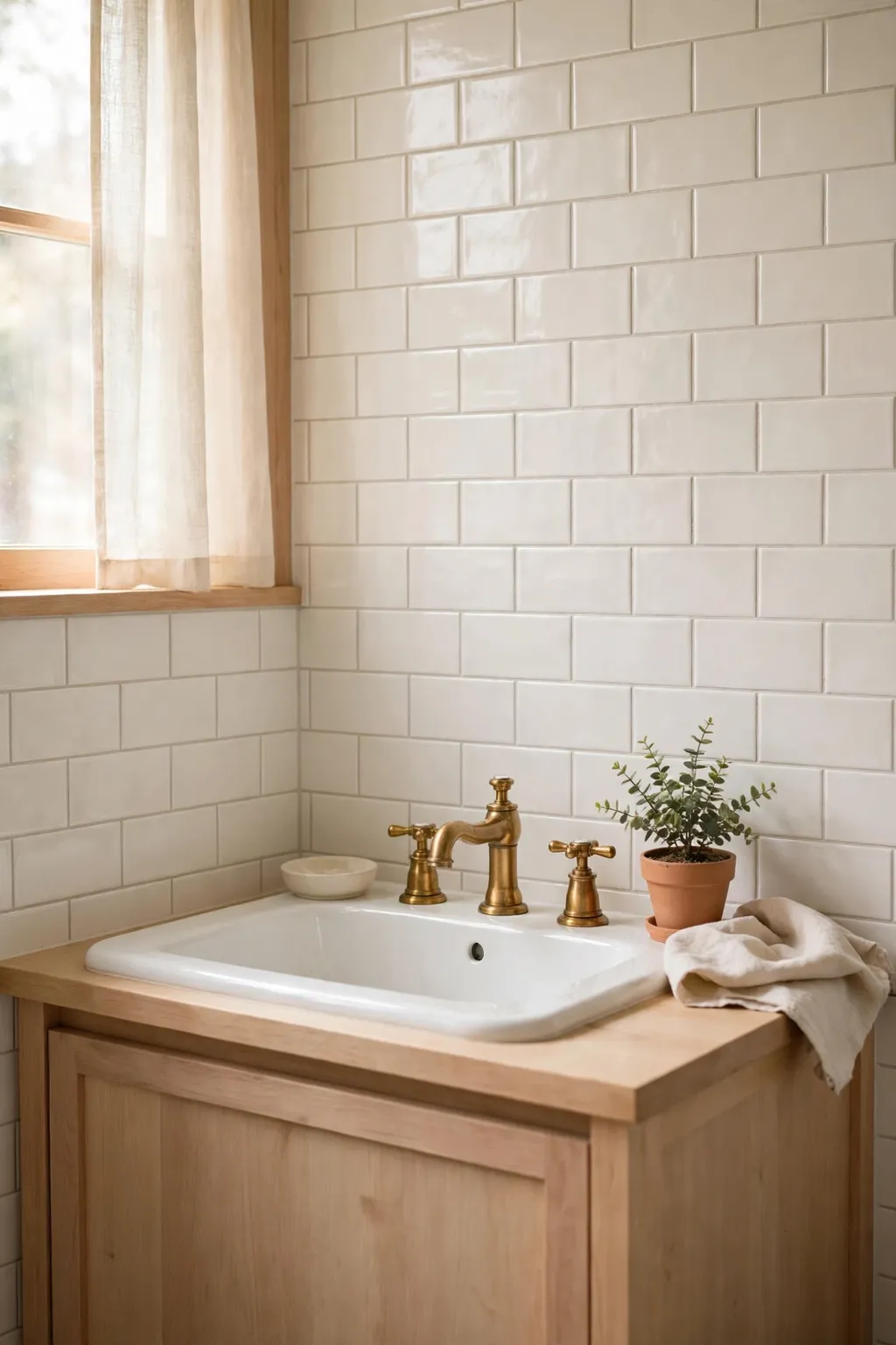 Small bathroom sink area with light peel-and-stick subway backsplash tiles and brass taps
