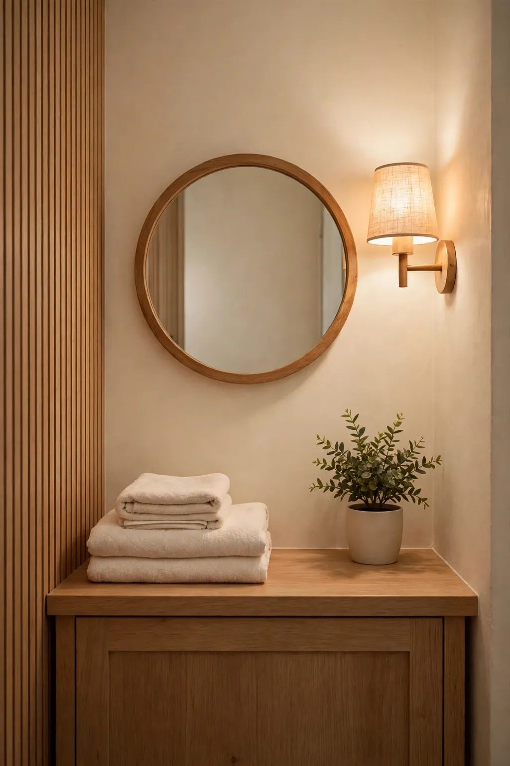 Small bathroom with warm lighting beside the mirror, soft glow, towels and a plant