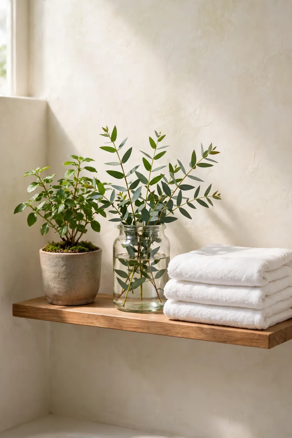 Small bathroom shelf with a potted plant and a jar of eucalyptus beside folded towels