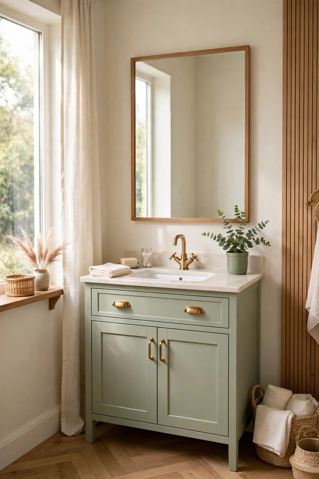 Small bathroom with a vanity cabinet painted soft sage green, brass handles and a white sink
