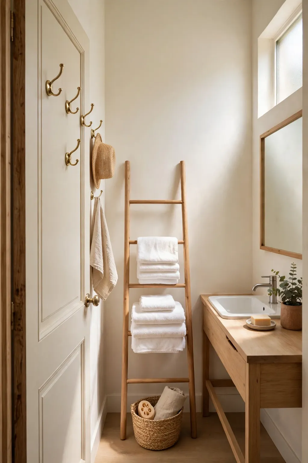 Small bathroom with hooks on the door and a wooden towel ladder holding folded towels