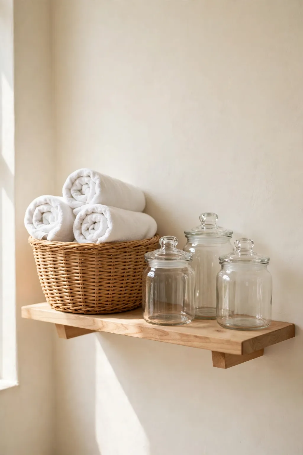 Woven basket with rolled towels and clear glass jars on a small bathroom shelf