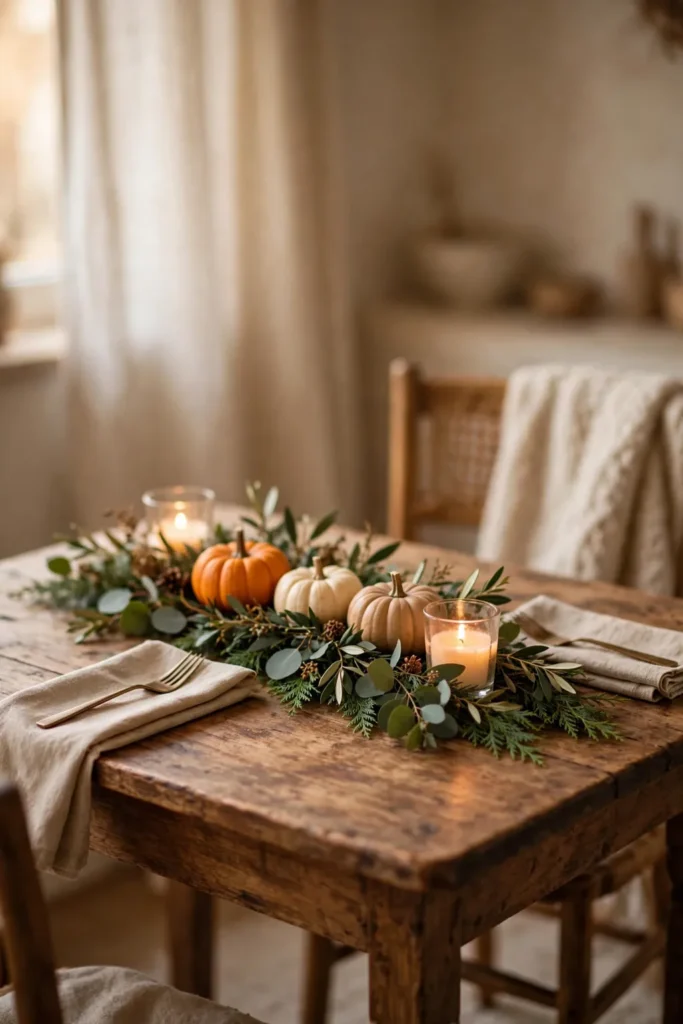 Low Thanksgiving centerpiece with greenery, small pumpkins, and candles on a small dining table