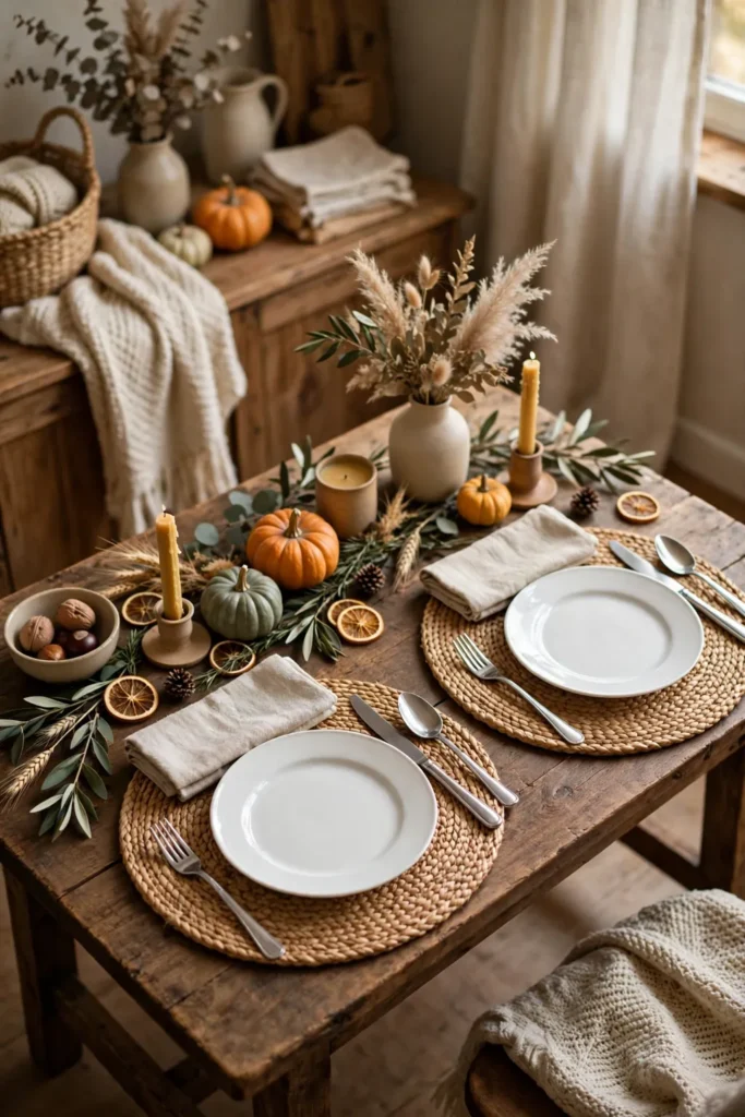Woven placemats with white plates and cutlery set on a small Thanksgiving table