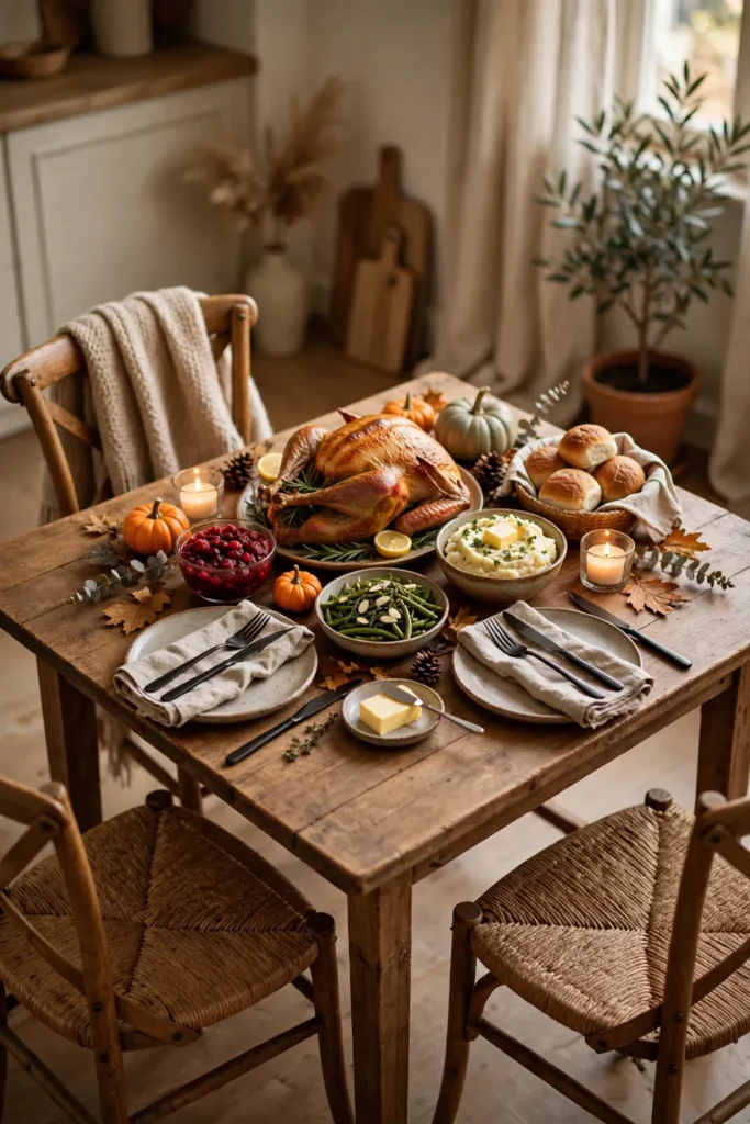 Small Thanksgiving table set for guests with clear space left at the ends