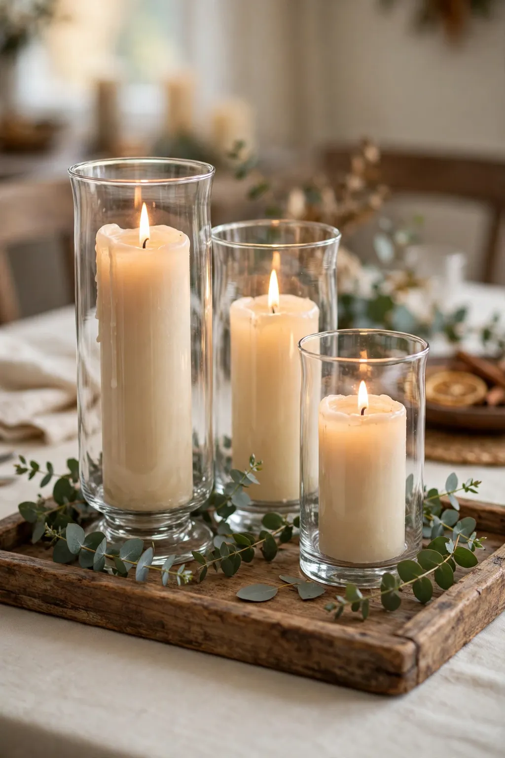 Three pillar candles in glass hurricanes on a wooden tray with eucalyptus sprigs on a Thanksgiving table