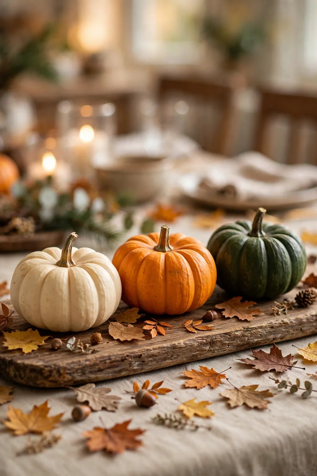 Three mini pumpkins in cream, orange and green on a long wooden board with autumn leaves
