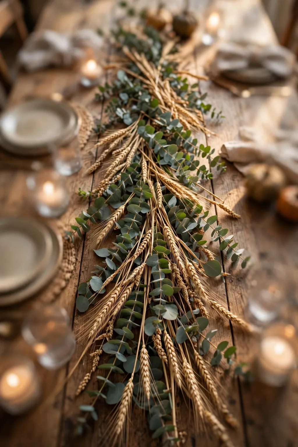 Eucalyptus and wheat stems laid as a table runner down the centre of a Thanksgiving table