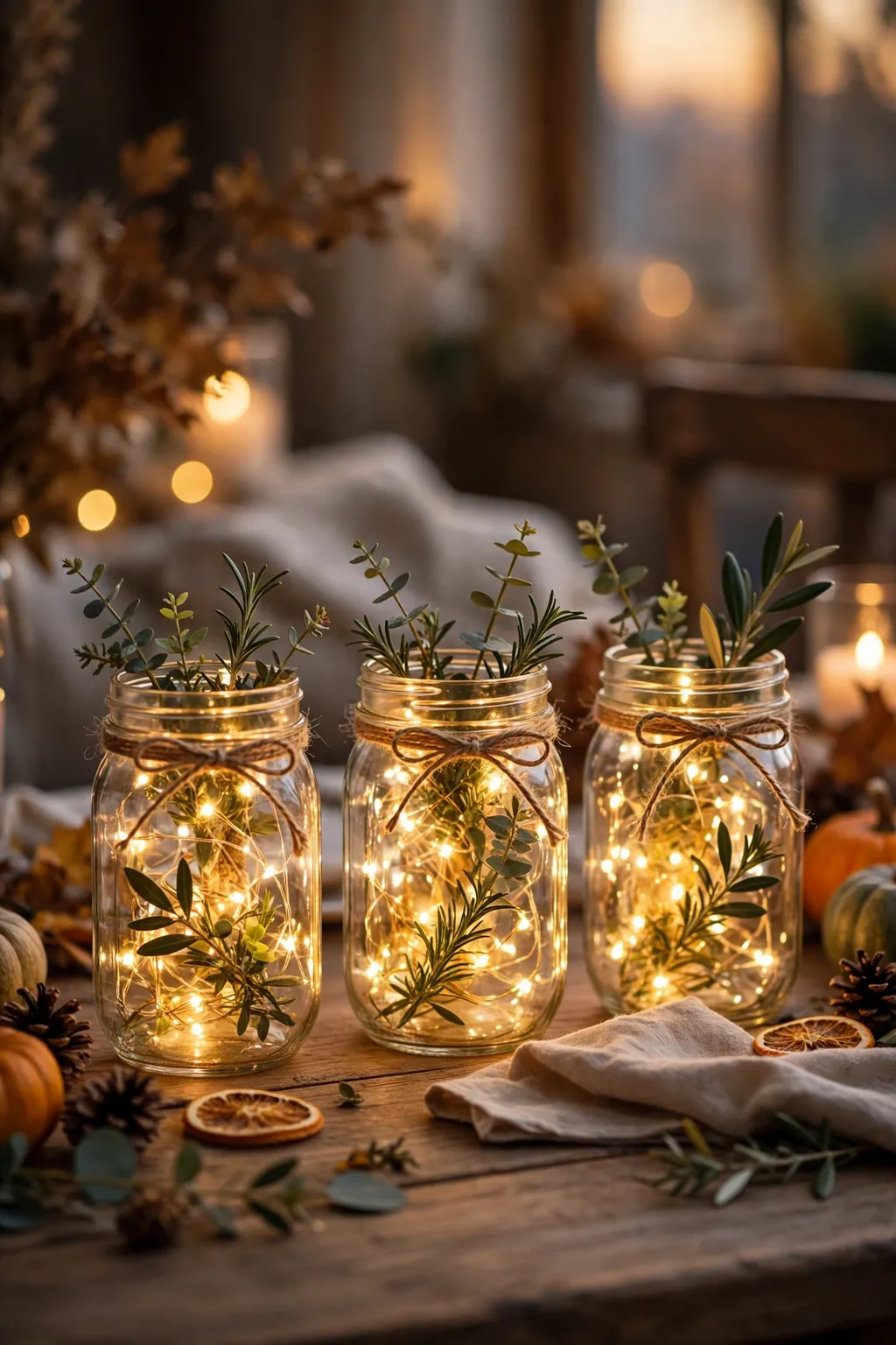 Mason jars filled with fairy lights and greenery sprigs lined up as lanterns on a table