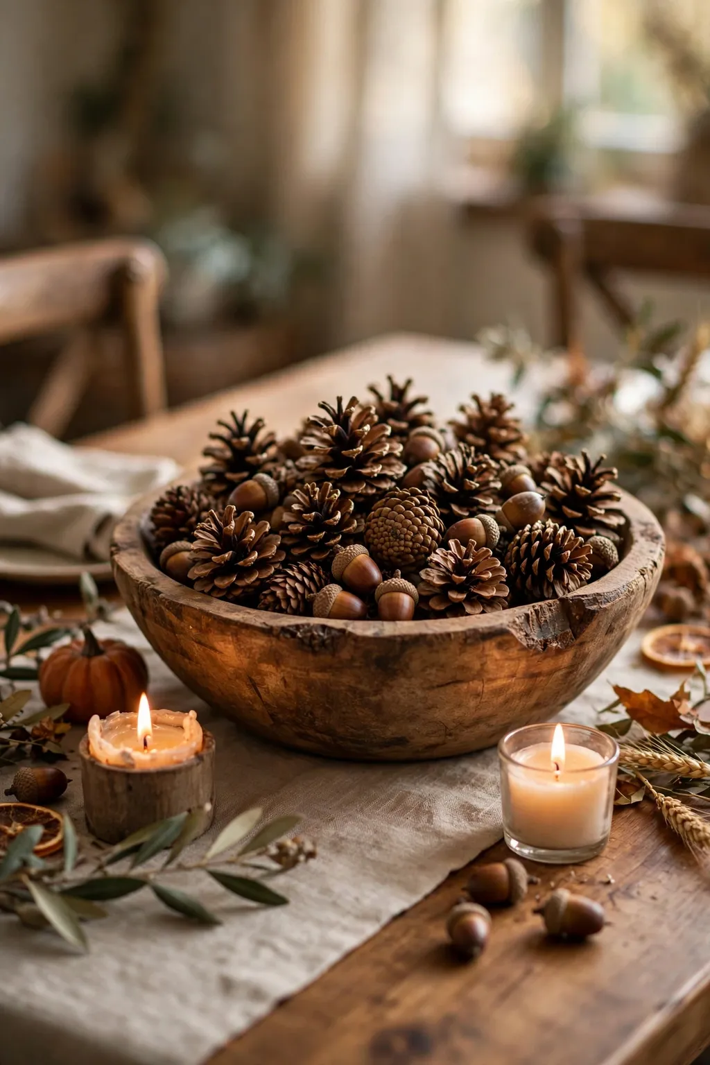 Wooden bowl filled with pinecones and acorns in the centre of a Thanksgiving table