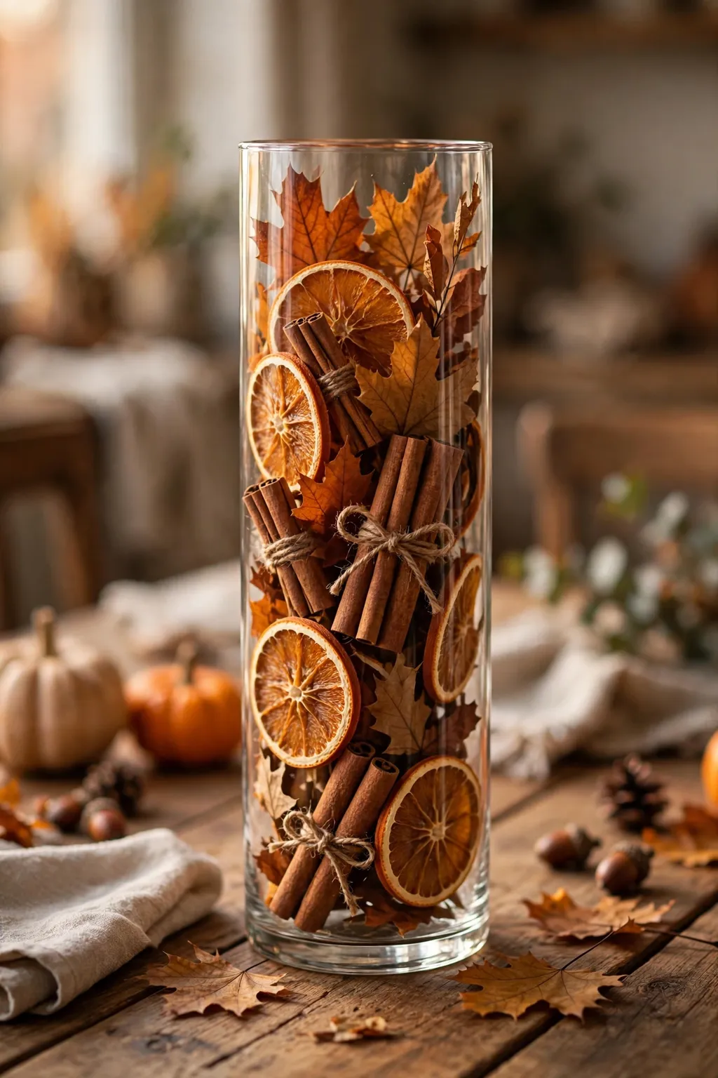 Tall vase with dried orange slices, cinnamon sticks and dried leaves on a Thanksgiving table
