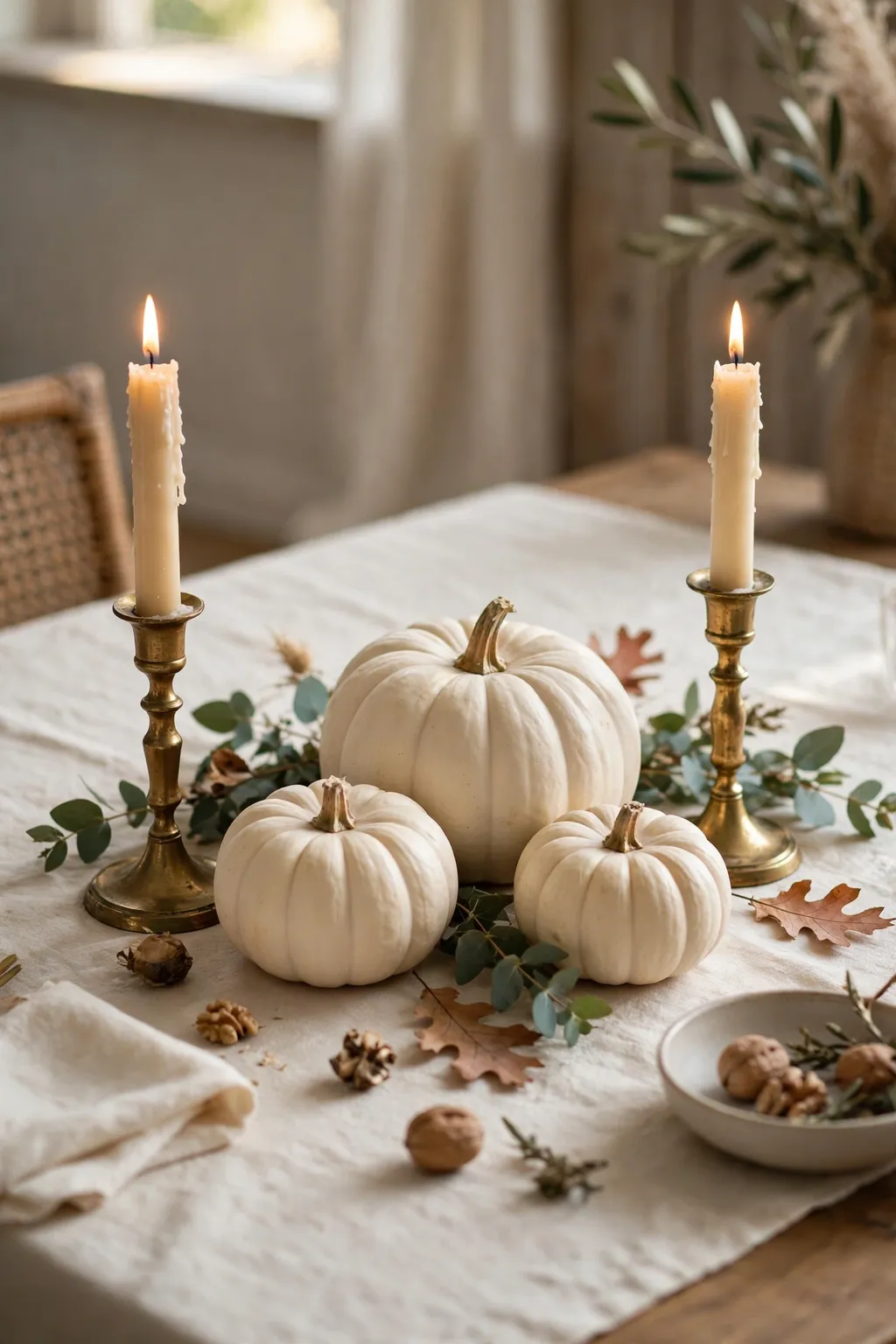 White pumpkins paired with brass candlesticks and cream taper candles on a Thanksgiving table