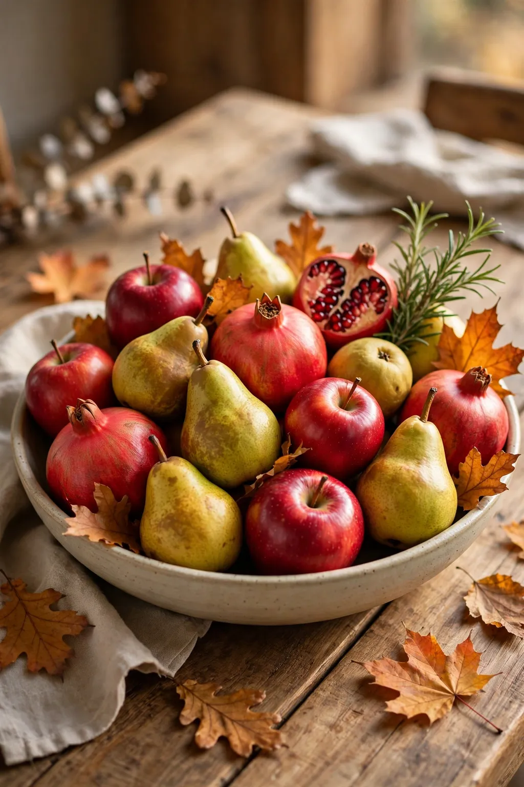Wide bowl of apples, pears and pomegranates with leaves on a Thanksgiving table