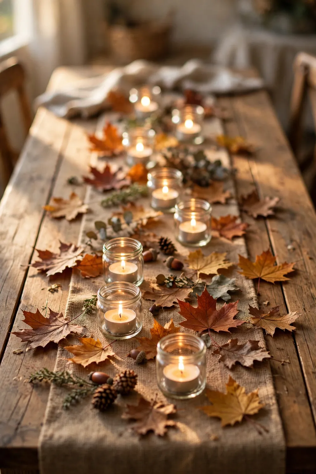 Burlap table runner with tea lights in small jars and scattered autumn leaves