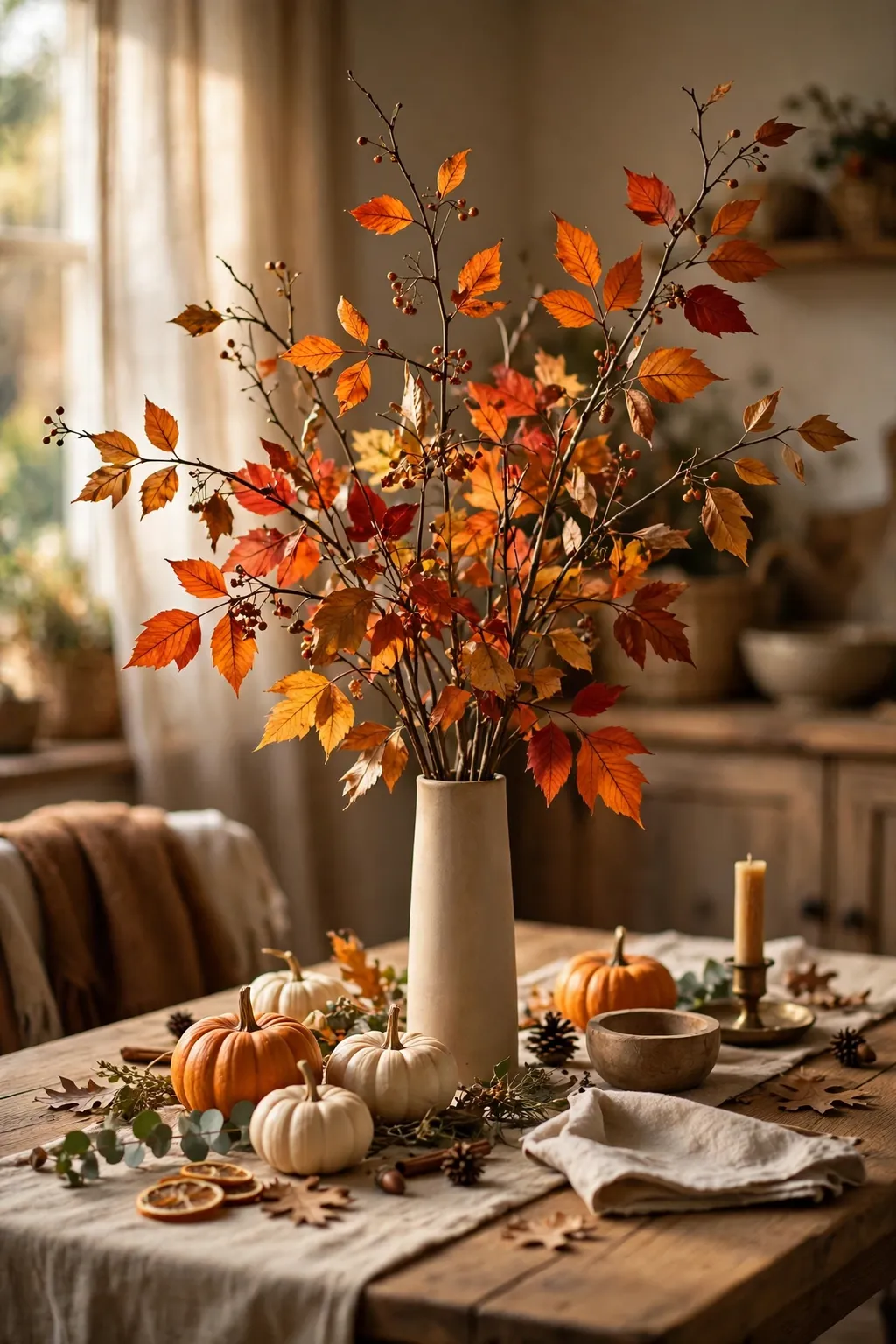 Tall vase of foraged branches with autumn leaves in the centre of a Thanksgiving table