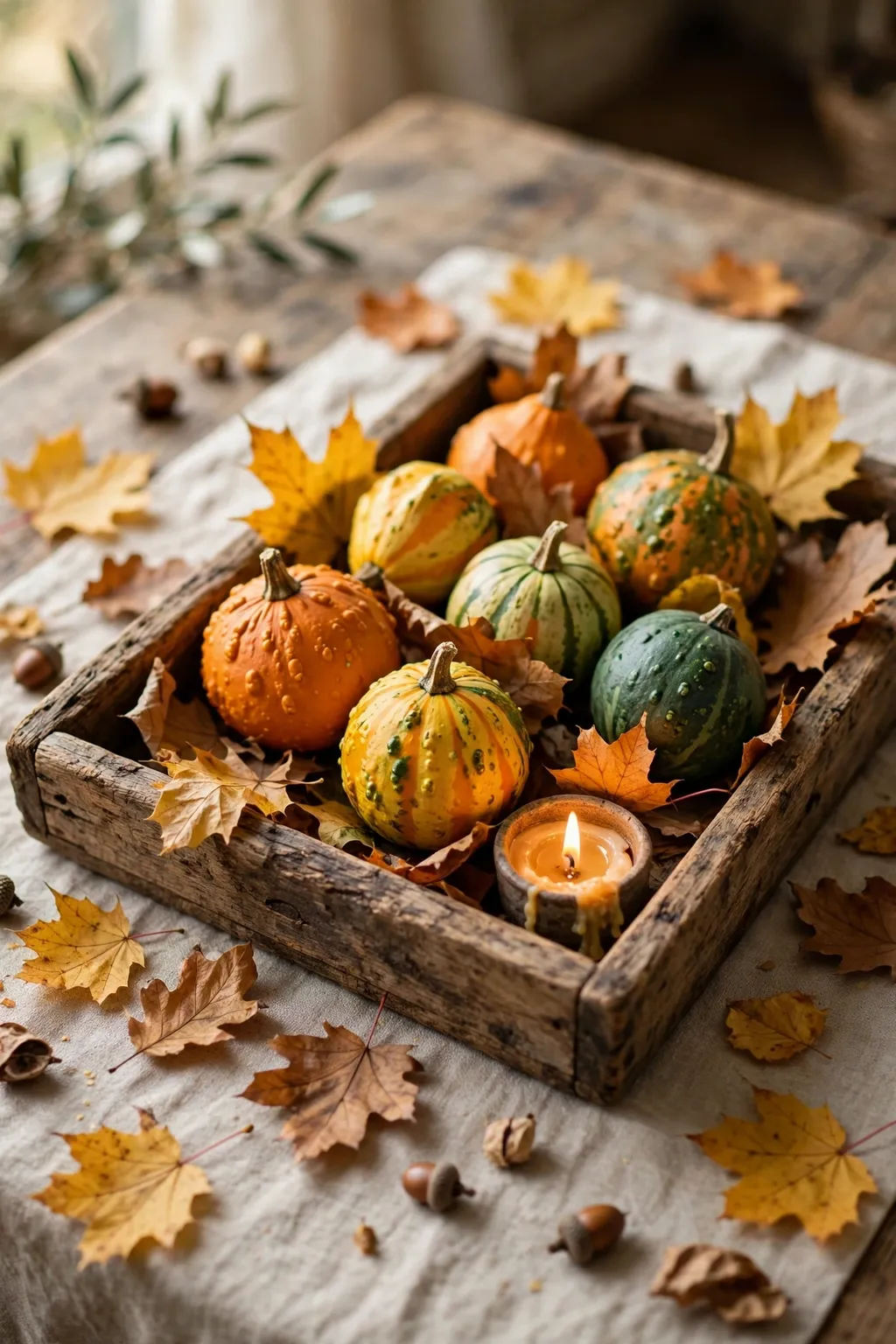 Wooden tray of small gourds and autumn leaves with a small candle on a Thanksgiving table