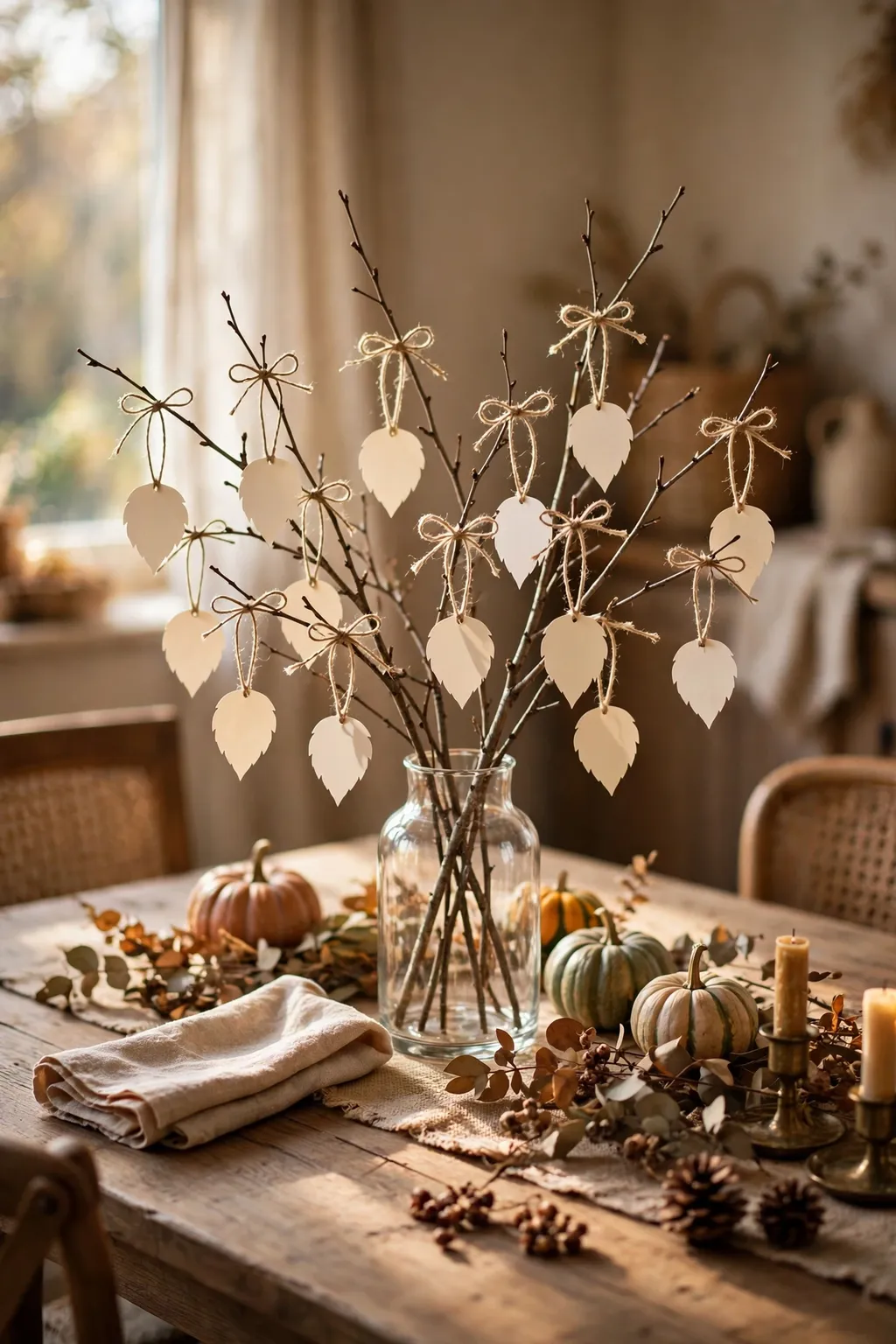 Vase of branches hung with paper gratitude leaves in the centre of a Thanksgiving table
