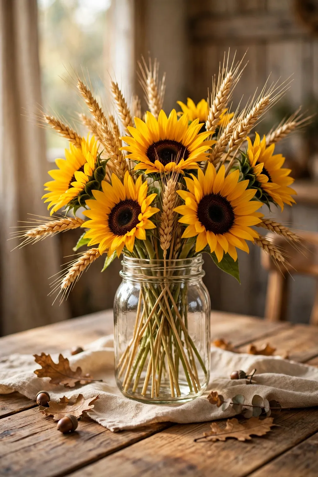 Mason jar of sunflowers and wheat stems as a simple Thanksgiving centerpiece