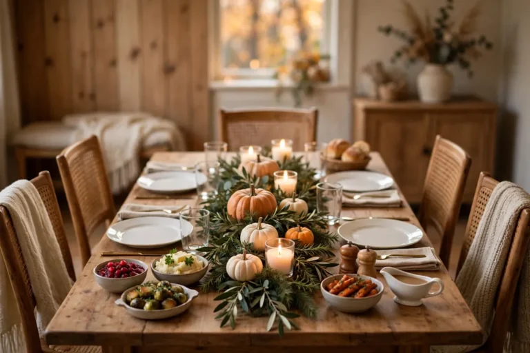 Small Thanksgiving table with greenery runner, pumpkins, candles, plates and food