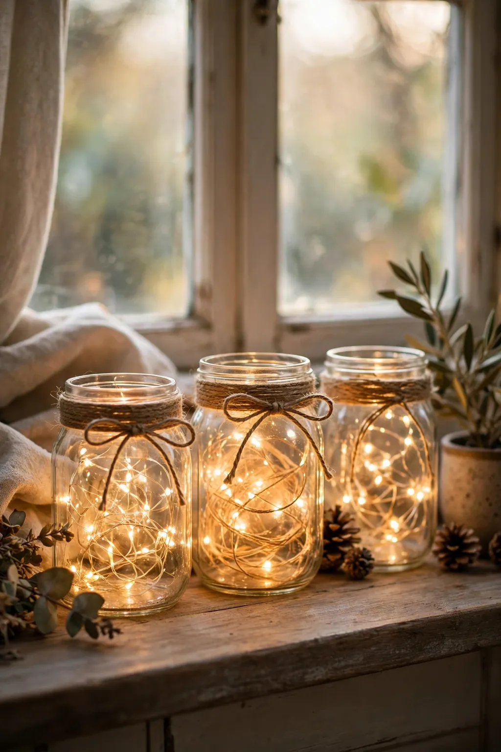 Mason jar lanterns with warm fairy lights and twine on a cozy wooden windowsill