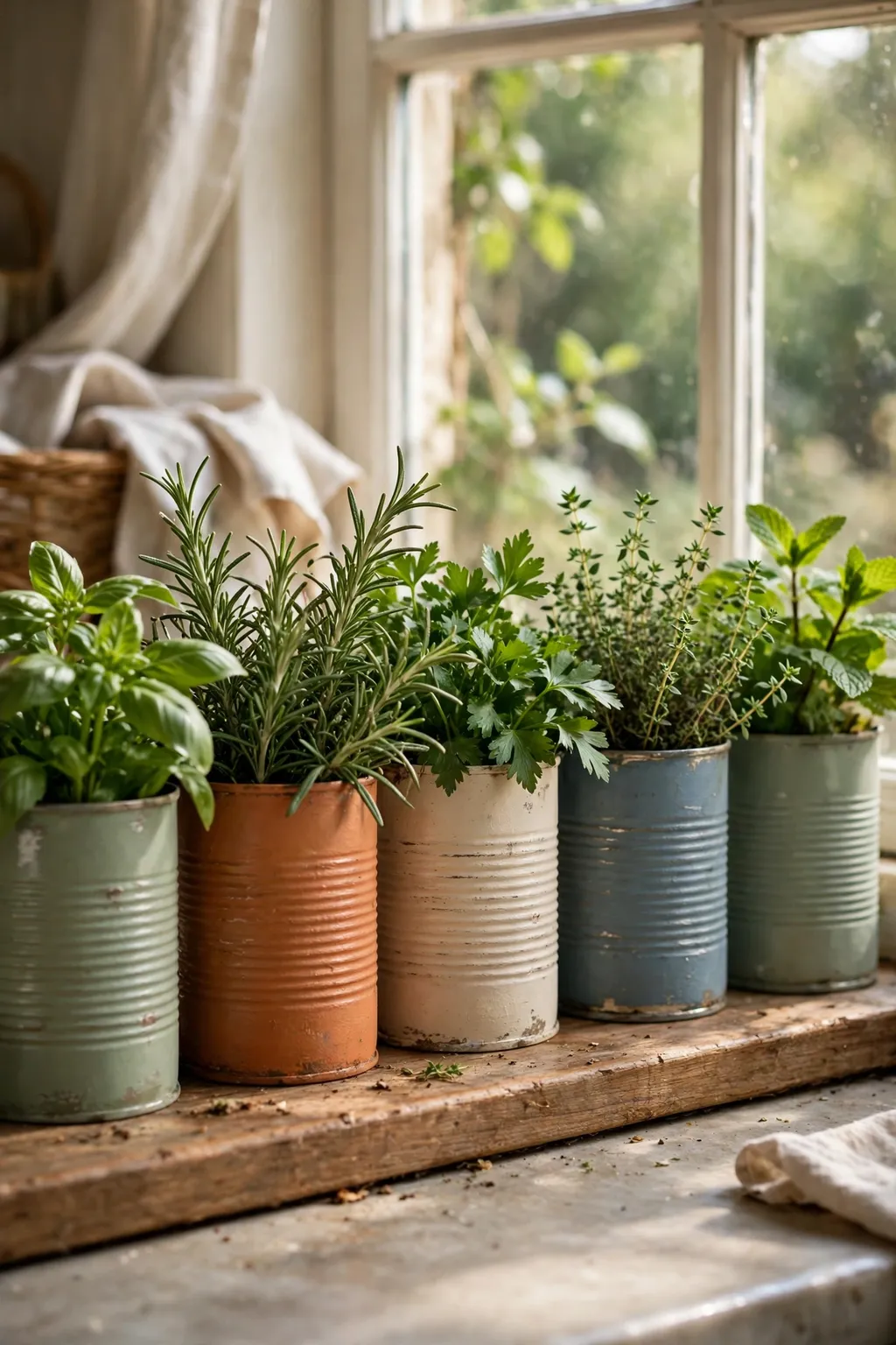 Painted tin cans with fresh green herbs lined up on a sunny kitchen windowsill