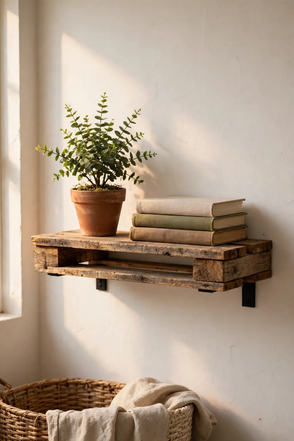 Rustic pallet wood shelf on a white wall holding a small plant and books