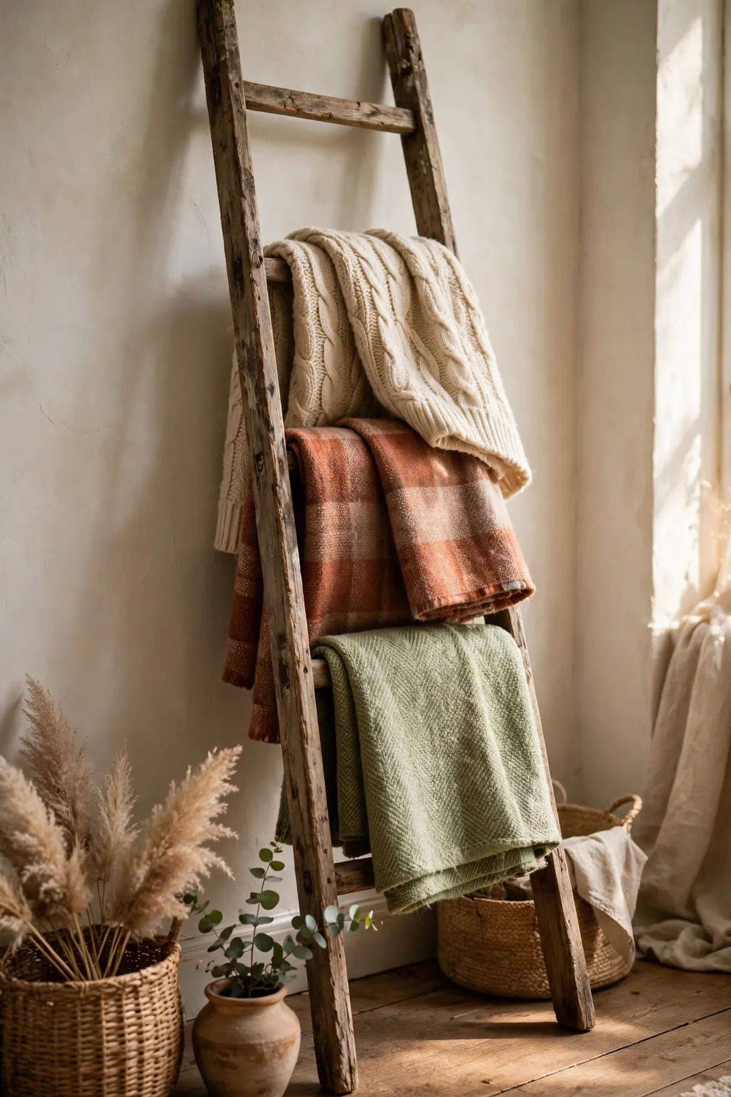 Old wooden ladder leaning against a wall with folded cozy blankets draped over its rungs