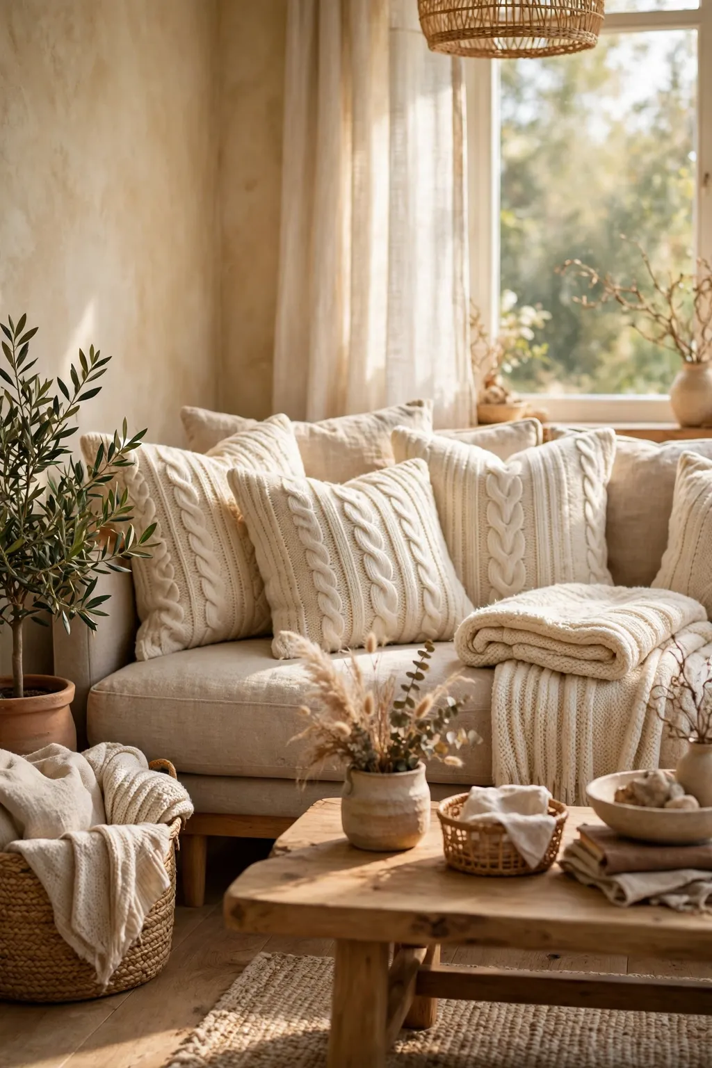 Sofa with soft cream sweater-knit pillow covers and a folded throw blanket
