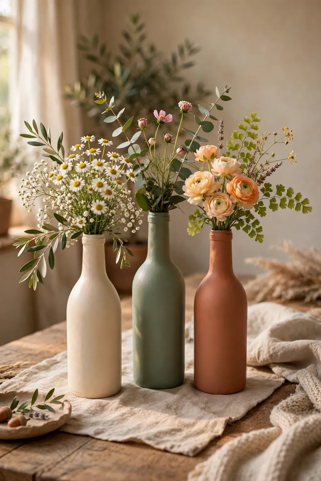 Three painted wine bottles in cream, sage and terracotta used as vases with fresh flowers