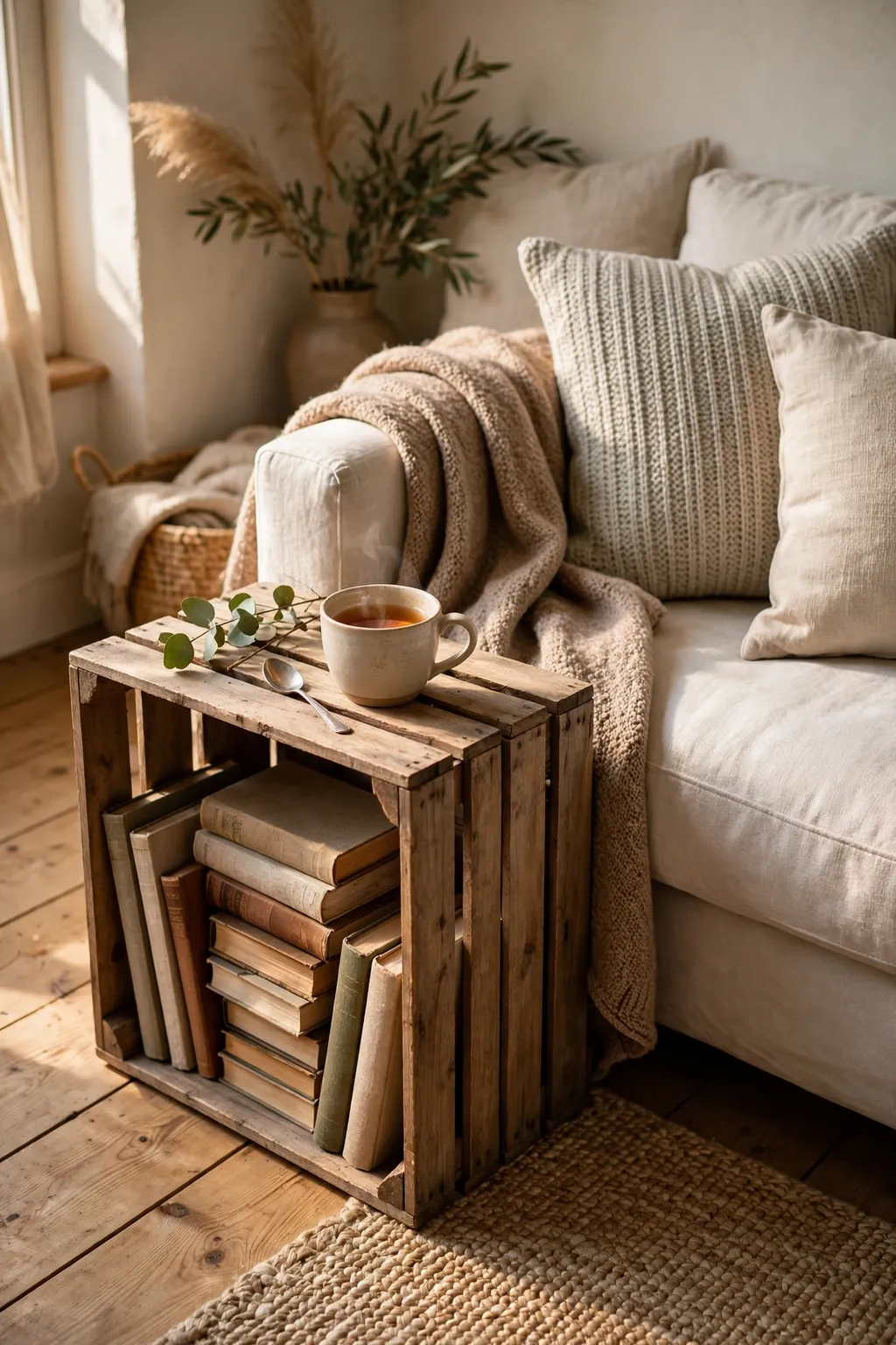 Wooden crate side table beside a sofa holding books inside and a cup of tea on top