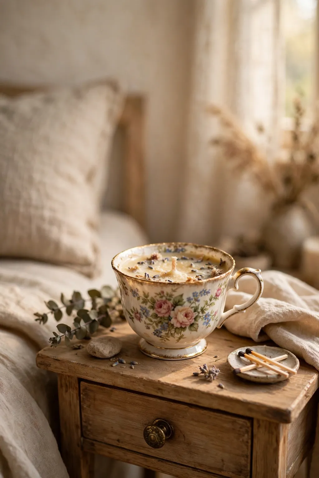 Vintage floral teacup filled with a handmade candle on a small bedside table