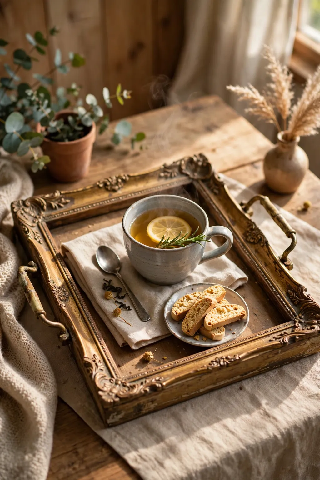Old picture frame turned into a serving tray with handles holding a cup of tea