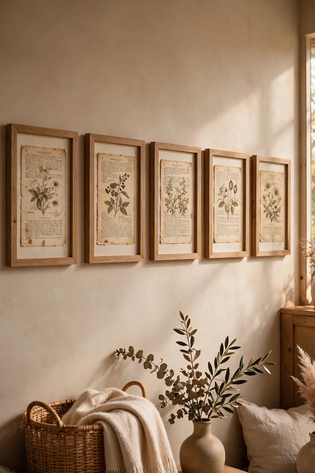 Row of matching frames holding vintage book pages hung on a cozy living room wall