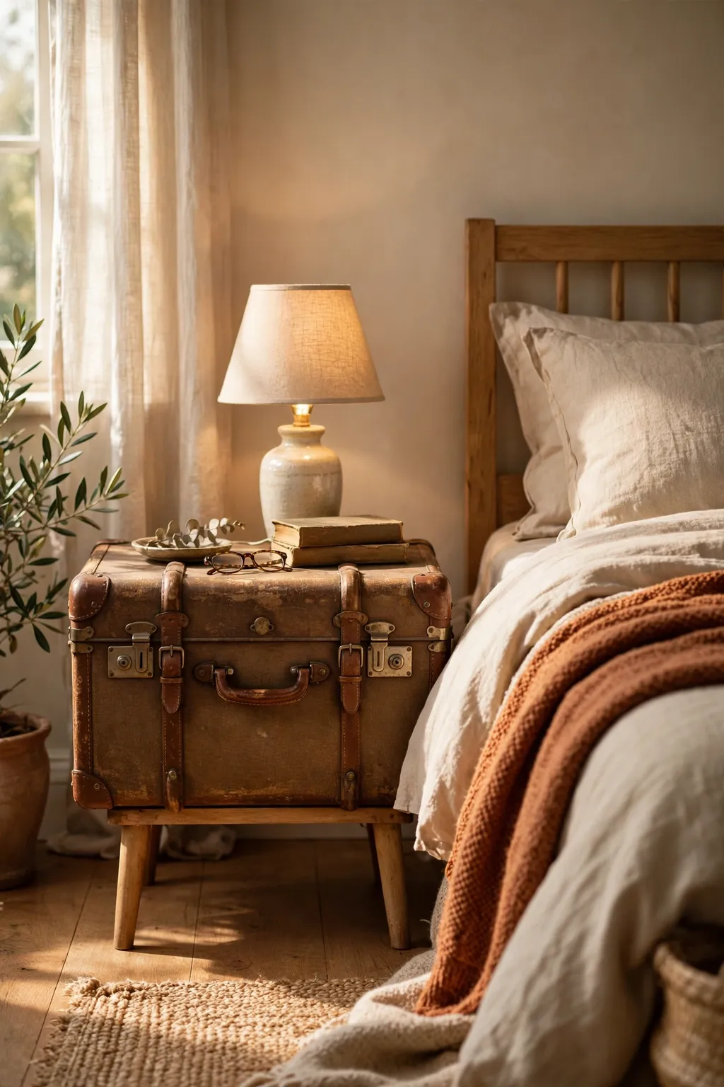 Vintage suitcase on wooden legs used as a side table with a small lamp beside a bed