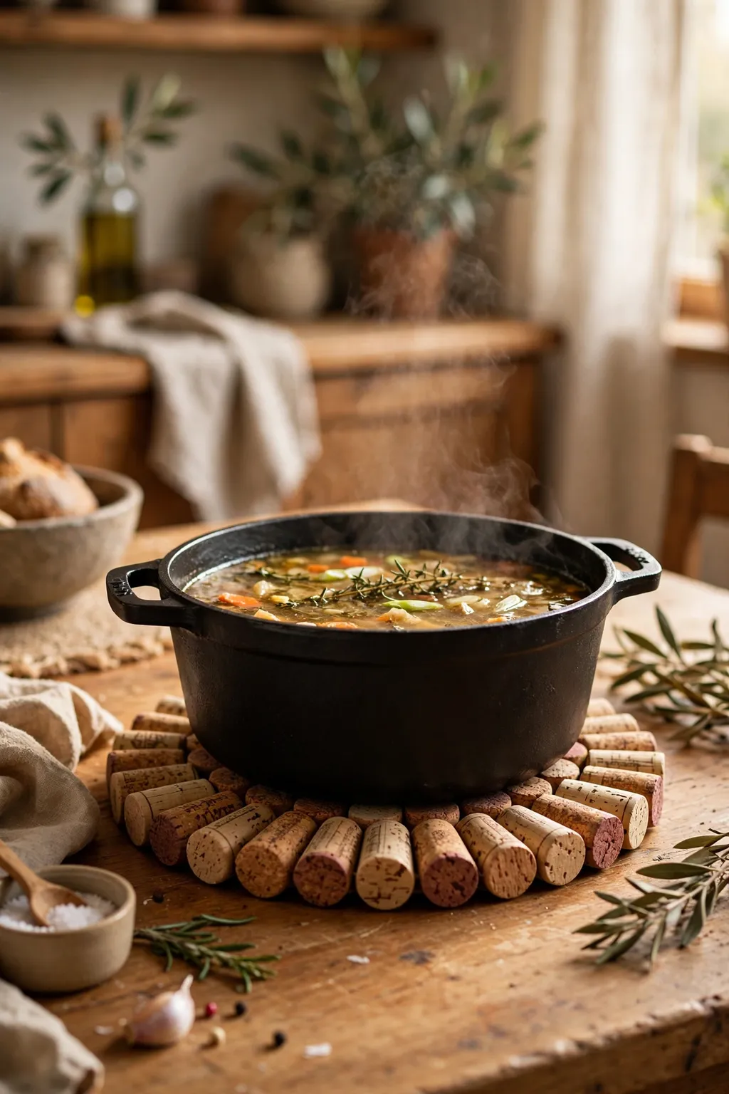 Round trivet made from wine corks holding a hot pot on a wooden kitchen table